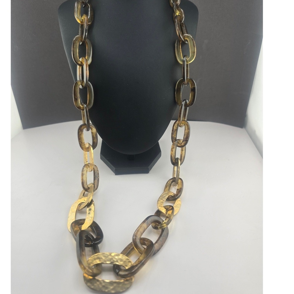 Vintage Estate Necklace Brown Lucite Hammered Chunky Link 40in